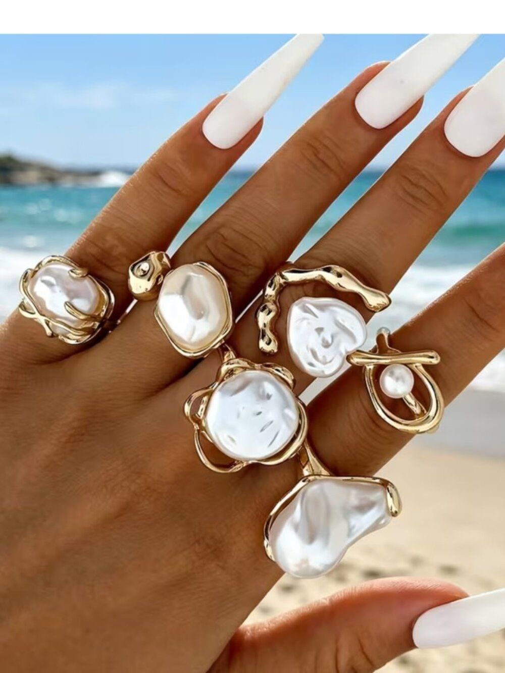 NWT KC Gold Plated Baroque Pearl Chunky Statement Stacking Ring 6pc Set Boho